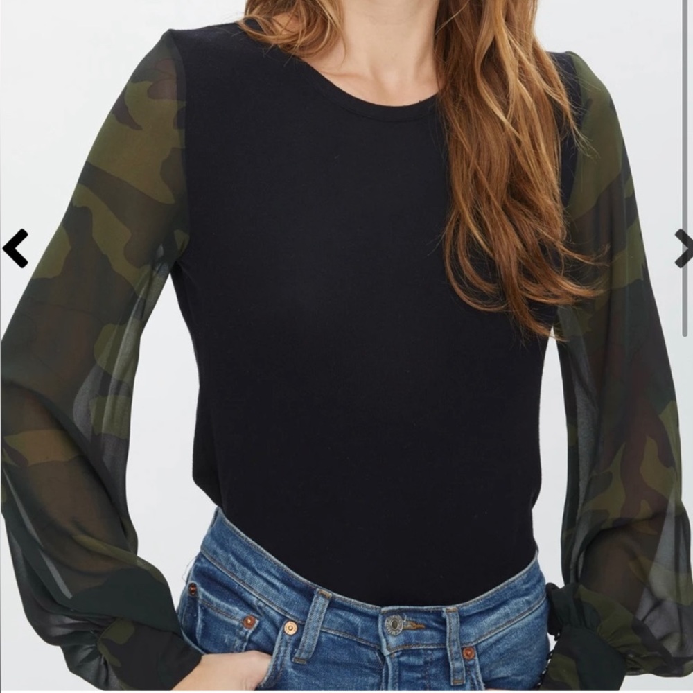 Generation Love top with camo sheer sleeves. Size M